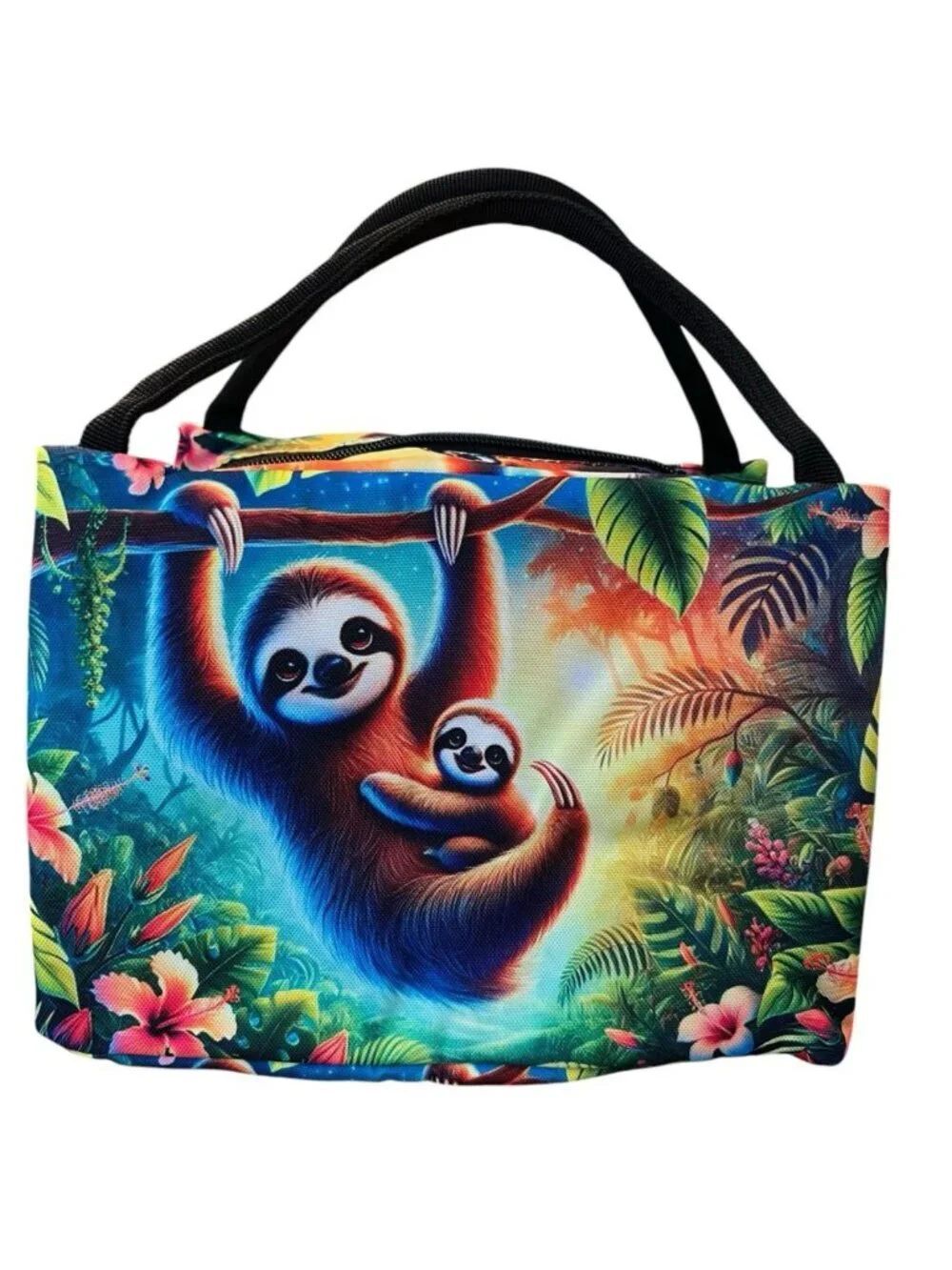 Sloth + Baby Insulated School Work Office Lunch Bag Handles Colorful Jungle New